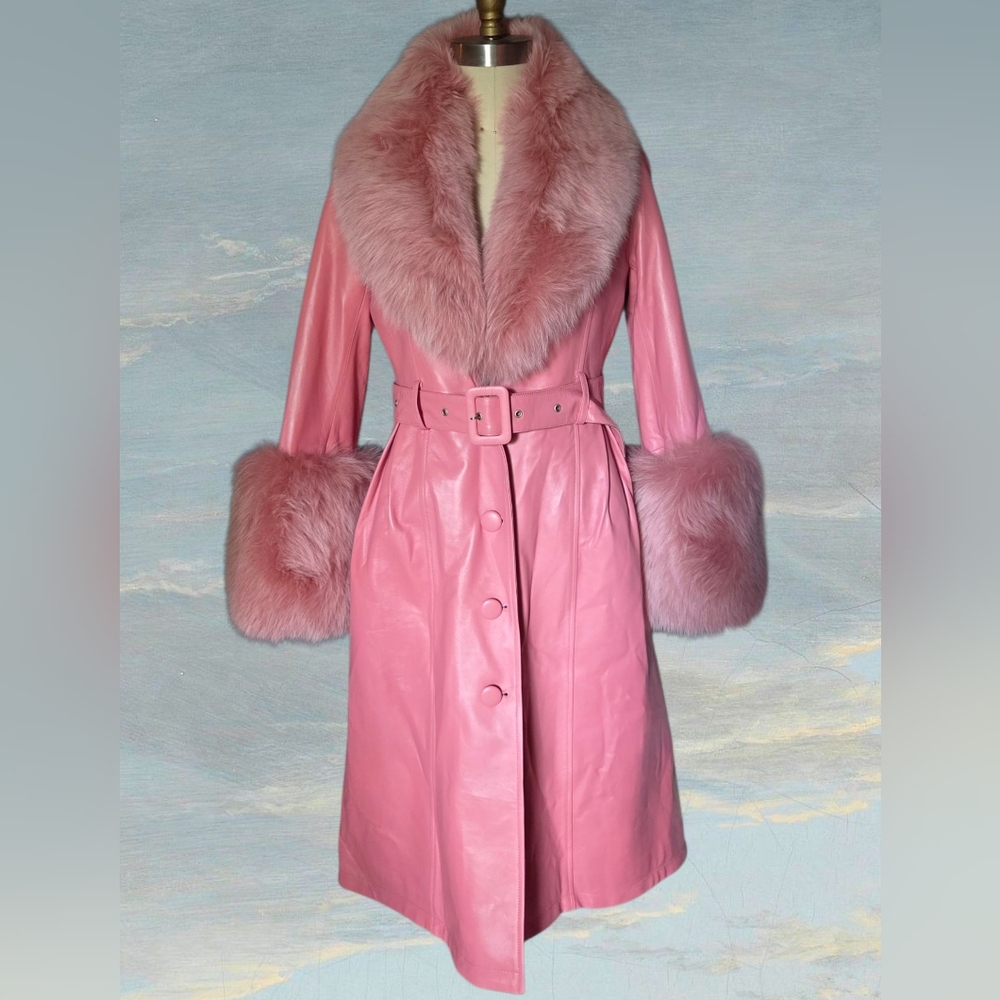 Genuine Pink Leather Fox Fur Cuffs Collar Trench Coat Small 6